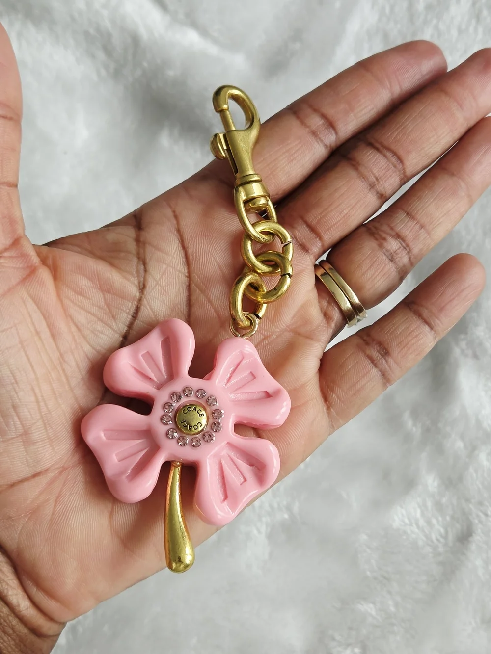 Pink Flower Keychain Bag Charm with Gold Hardware